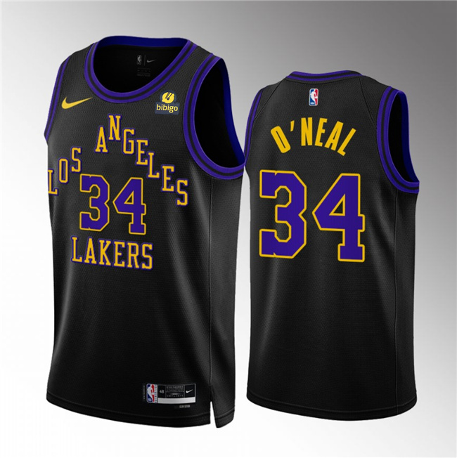 Men's Los Angeles Lakers #34 Shaquille O'Neal Black 2023/24 City Edition Stitched Basketball Jersey